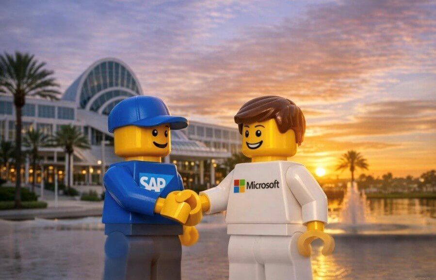 Legofiguren in SAP und Microsoft Uniform geben sich die Hand