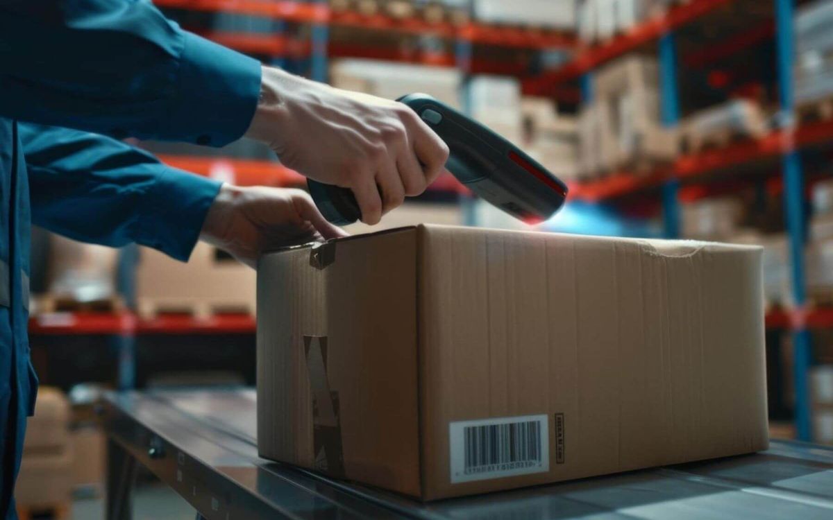 Karton wird mit Scanner eingescannt