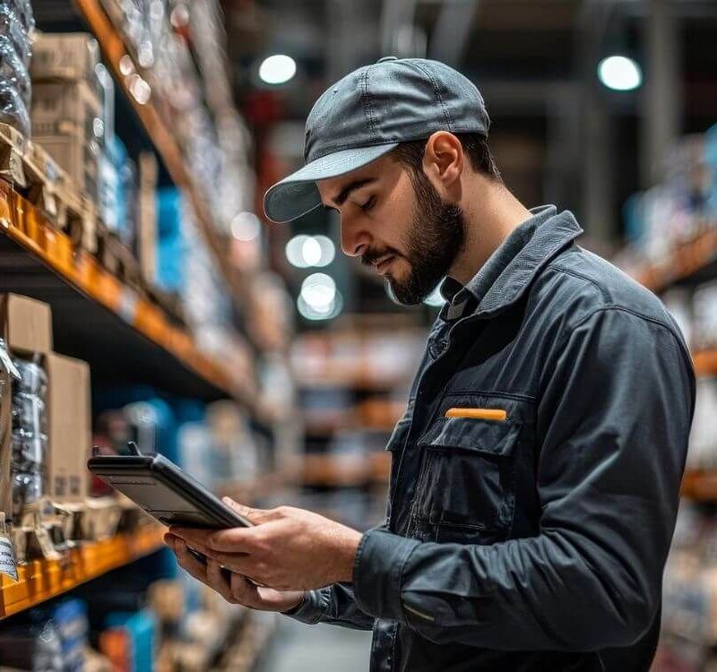 Mann arbeitet mit Tablet im Warenlager